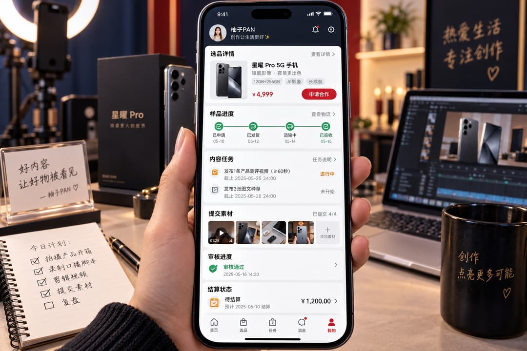 案例示意：达人端的选品详情、样品进度、内容任务、素材提交和合作结算状态