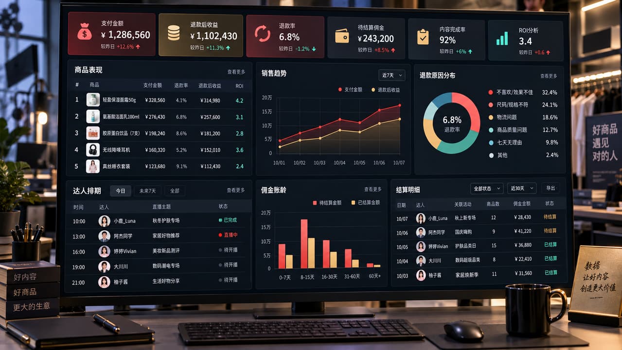 案例示意：直播经营驾驶舱的商品表现、达人排期、退款率、佣金账龄和退款后收益分析